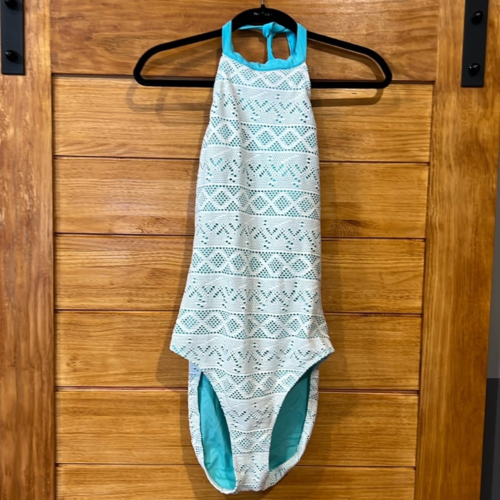 BOGO 2/$10 Aqua blue and white overlay Crochet swim suit